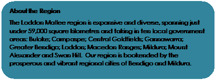 Rounded Rectangle: About the Region
The Loddon Mallee region is expansive and diverse, spanning just under 59,000 square kilometres and taking in ten local government areas: Buloke; Campaspe; Central Goldfields; Gannawarra; Greater Bendigo; Loddon; Macedon Ranges; Mildura; Mount Alexander and Swan Hill. Our region is bookended by the prosperous and vibrant regional cities of Bendigo and Mildura.
