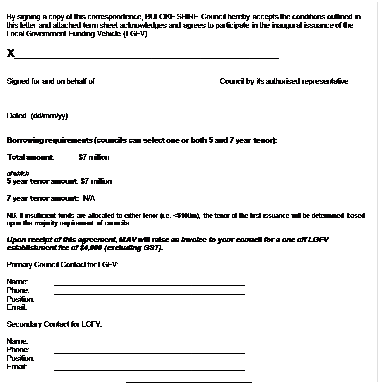 Text Box: By signing a copy of this correspondence, BULOKE SHIRE Council hereby accepts the conditions outlined in this letter and attached term sheet acknowledges and agrees to participate in the inaugural issuance of the Local Government Funding Vehicle (LGFV).

X_________________________________________________________________


Signed for and on behalf of______________________________ Council by its authorised representative 


_________________________________
Dated 	(dd/mm/yy)


Borrowing requirements (councils can select one or both 5 and 7 year tenor):

Total amount:	$7 million

of which
5 year tenor amount: $7 million

7 year tenor amount:  N/A

NB. If insufficient funds are allocated to either tenor (i.e. <$100m), the tenor of the first issuance will be determined based upon the majority requirement of councils.

Upon receipt of this agreement, MAV will raise an invoice to your council for a one off LGFV establishment fee of $4,000 (excluding GST).  

Primary Council Contact for LGFV:

Name:		_______________________________________________
Phone: 	_______________________________________________
Position:	_______________________________________________
Email: 		_______________________________________________

Secondary Contact for LGFV:

Name:		_______________________________________________
Phone: 	_______________________________________________
Position:	_______________________________________________
Email: 		_______________________________________________

